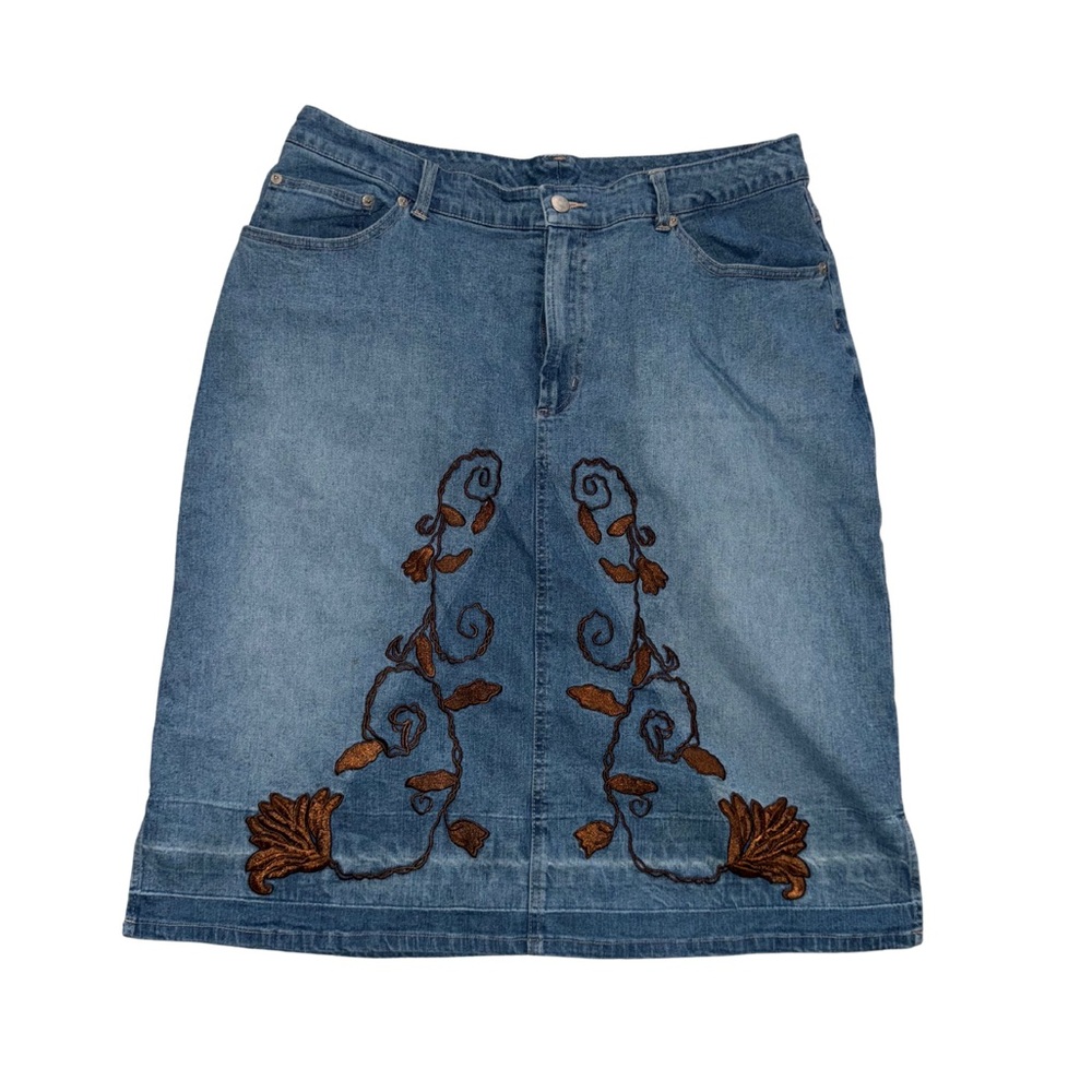 Zoey Beth Plus size 20 denim midi skirt w/brown floral embroidery, y2k western